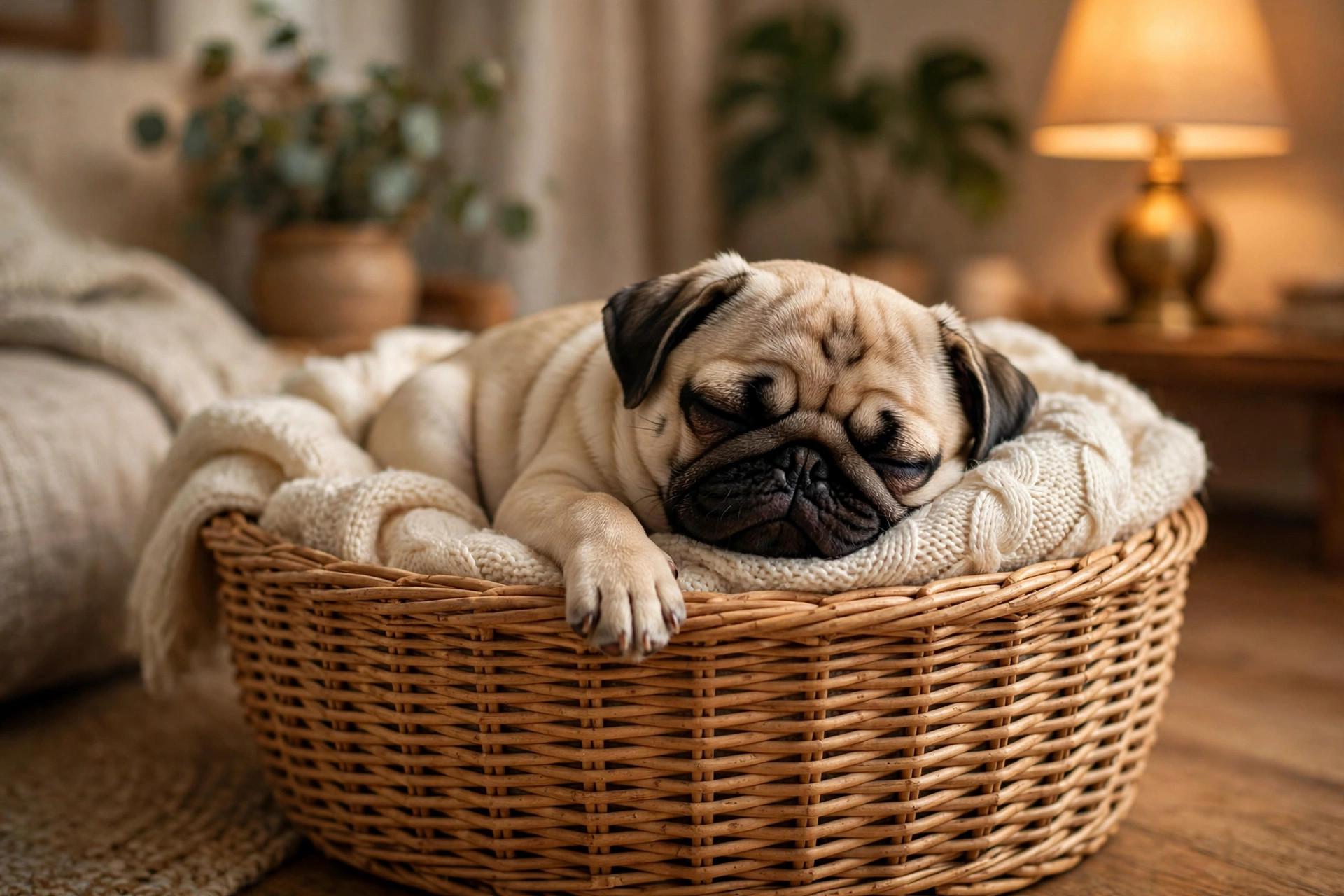 Pug resting peacefully in a cozy basket at home.